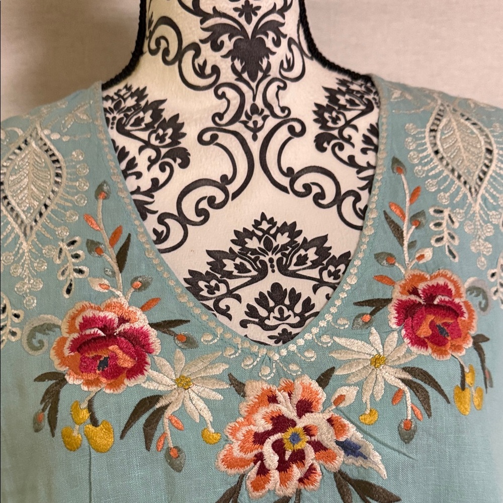 Johnny Was Turquoise Embroidered Mini Dress with Pink & Green Floral Detail - Picture 3 of 14